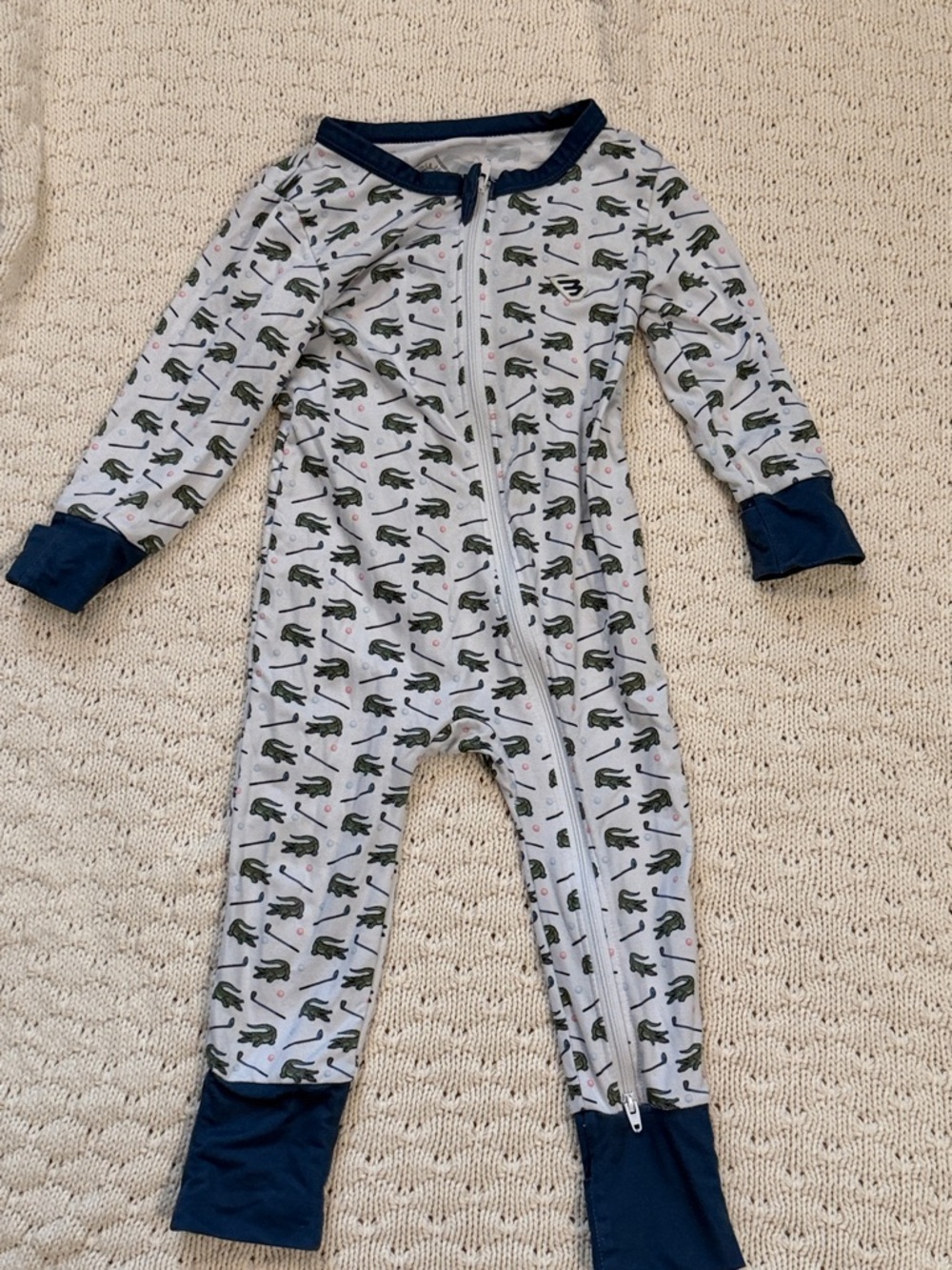 BURLEBO Gray Footie with Green Dino Print and Navy Trim